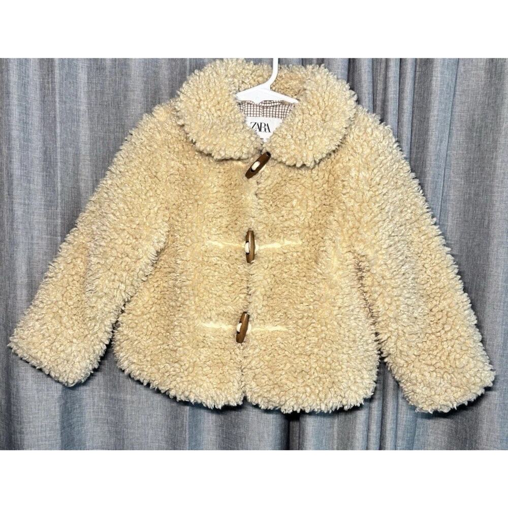 Zara Girls Faux Fur Shearling Jacket Beige Toggle Closure 2-3 Years